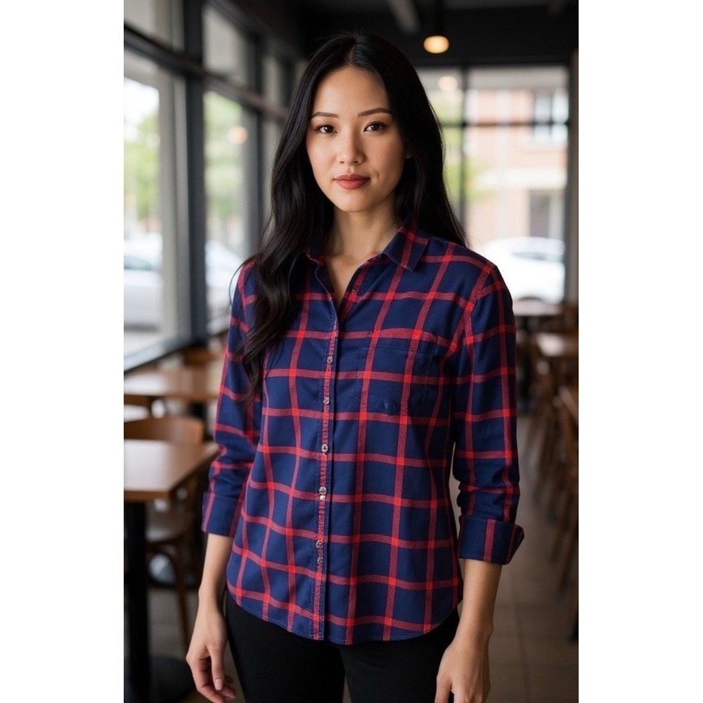J.Crew Re-Imagined Navy Blue Red Plaid Cotton Button Down Shirt AS352 Womens S